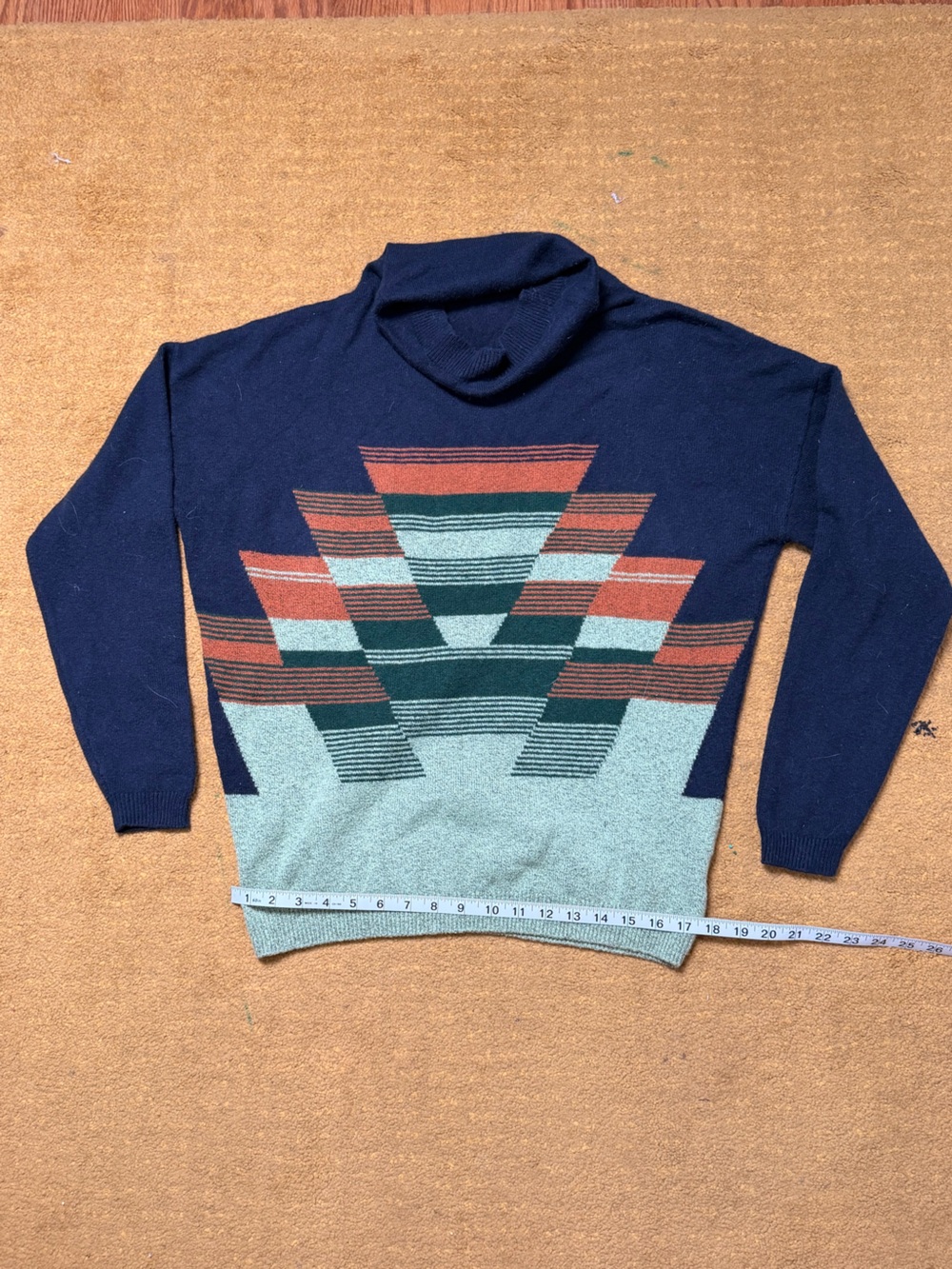 Prana Navy Turtleneck Sweater with Rust and Teal Geometric Panel